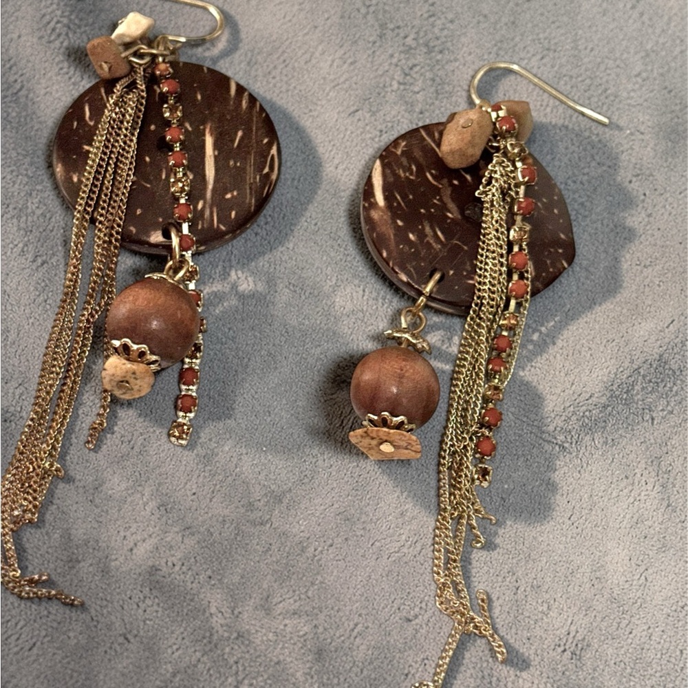 Boho Gold and Brown Coconut Disk Dangle Earrings